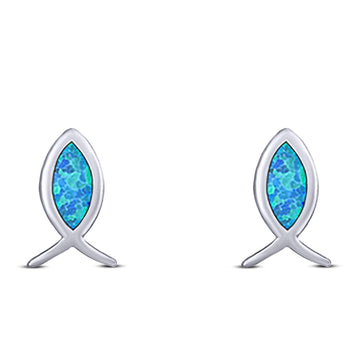 Fish Stud Earring Created Blue Opal Solid 925 Sterling Silver (8.6mm)